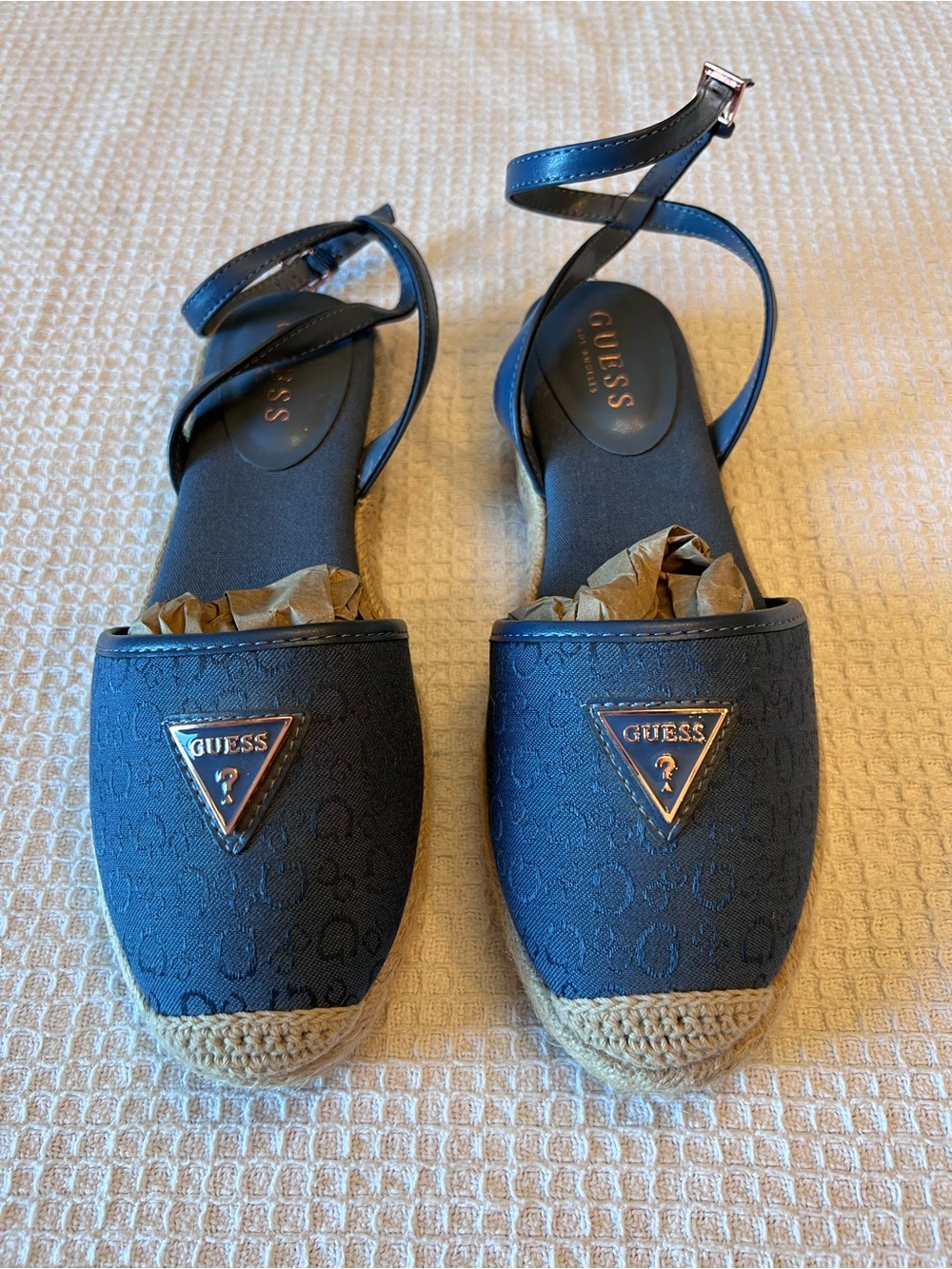 GUESS Black Espadrille Ankle-Strap Flats with Logo Plaque